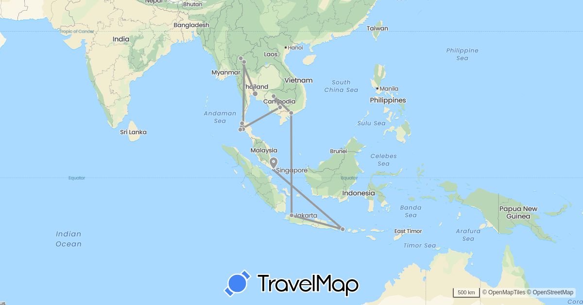 TravelMap itinerary: plane in Indonesia, Cambodia, Singapore, Thailand, Vietnam (Asia)